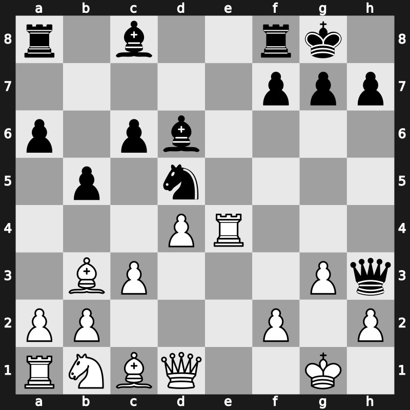 C89o - 9.exd5 Nxd5 10.Nxe5 Nxe5 11.Rxe5 c6 12.d4 Bd6 13.Re1 Qh4 14.g3 Qh3 15.Re4 - Marshall Main Line [+0.76]