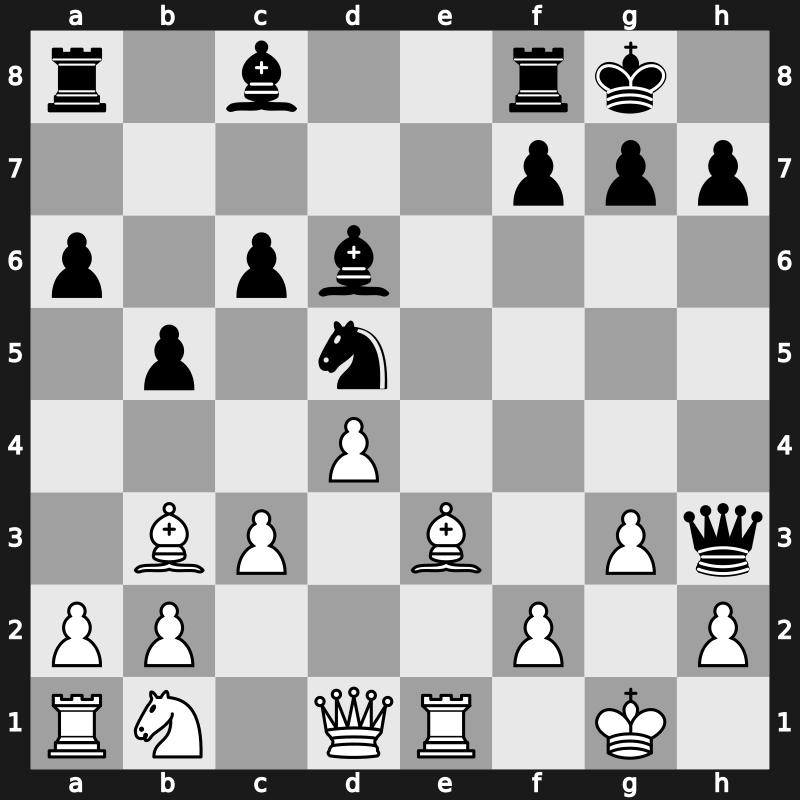 C89p - 9.exd5 Nxd5 10.Nxe5 Nxe5 11.Rxe5 c6 12.d4 Bd6 13.Re1 Qh4 14.g3 Qh3 15.Be3 - Marshall Main Line [+0.00]