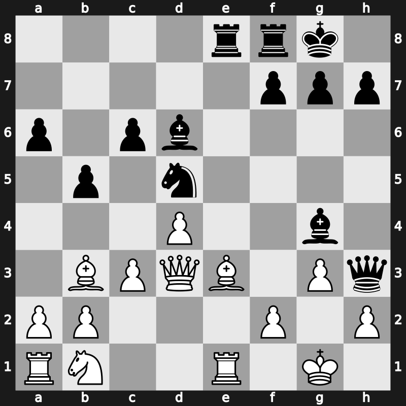 C89q - 9.exd5 Nxd5 10.Nxe5 Nxe5 11.Rxe5 c6 12.d4 Bd6 13.Re1 Qh4 14.g3 Qh3 15.Be3 Bg4 16.Qd3 Rae8 - Marshall Main Line [+0.06]
