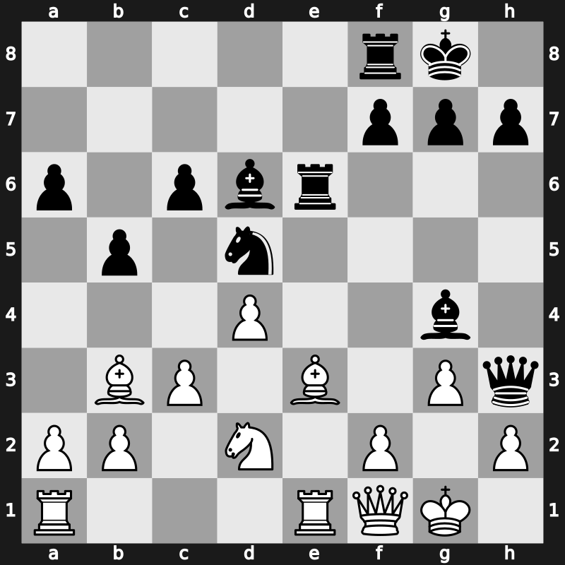 C89v - 9.exd5 Nxd5 10.Nxe5 Nxe5 11.Rxe5 c6 12.d4 Bd6 13.Re1 Qh4 14.g3 Qh3 15.Be3 Bg4 16.Qd3 Rae8 17.Nd2 Re6 18.Qf1 - Marshall Main Line Classical [+0.24]