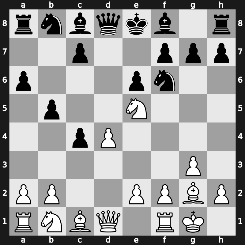 E04g - 5…a6 6.O-O b5 7.Ne5 - Open [+0.70]