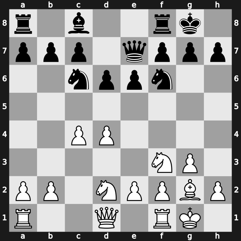 E11v - 4.Bd2 Qe7 5.g3 Nc6 6.Bg2 Bxd2+ 7.Nbxd2 d6 8.O-O O-O - Nimzowitsch Main Line [+0.25]