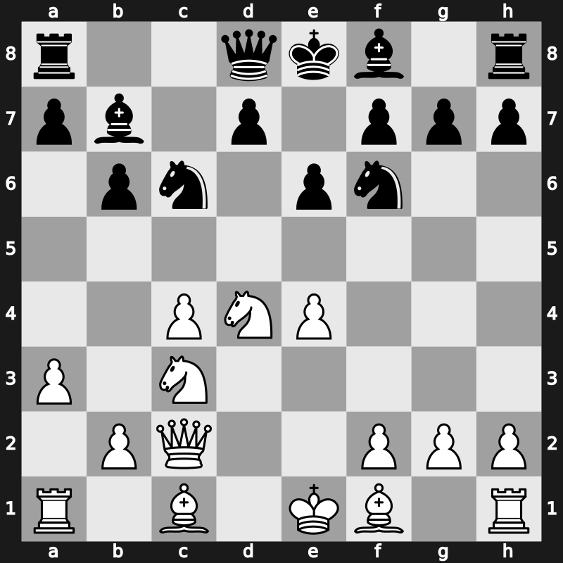 E12i - 4.a3 Ba6 5.Qc2 Bb7 6.Nc3 c5 7.e4 cxd4 8.Nxd4 Nc6 - Petrosian cd [+0.34]