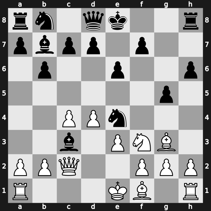 E13o - 7.e3 g5 8.Bg3 Ne4 9.Qc2 Bxc3+