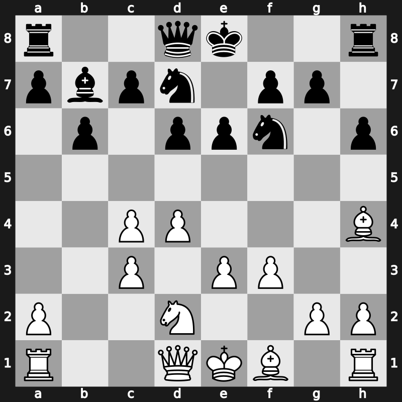 E13k - 7.e3 Bxc3+ 8.bxc3 d6 9.Nd2 Nbd7 10.f3 [+0.08]