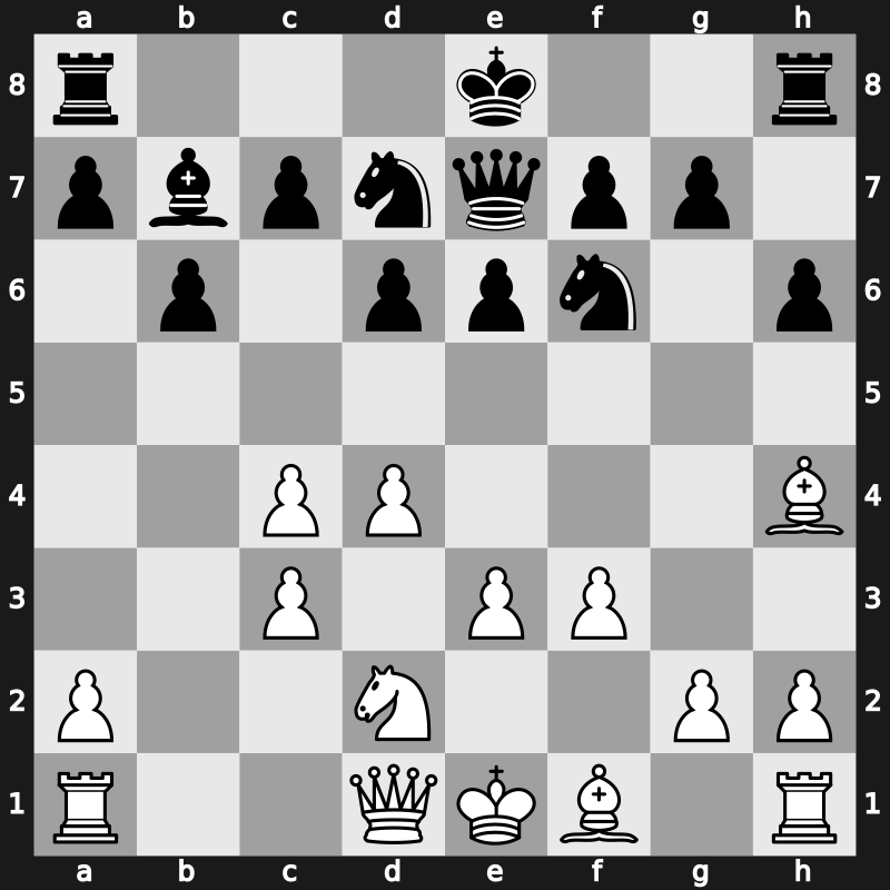 E13l - 7.e3 Bxc3+ 8.bxc3 d6 9.Nd2 Nbd7 10.f3 Qe7 [+0.02]