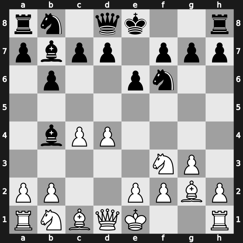 E16 - 1.d4 Nf6 2.c4 e6 3.Nf3 b6 4.g3 Bb7 5.Bg2 Bb4+ - Queen’s Indian [+0.40]