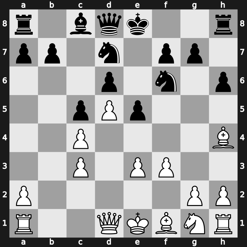 E31o - 7.e3 Bxc3+ 8.bxc3 e5 9.f3 Nbd7 - Leningrad Main Line [-0.40]
