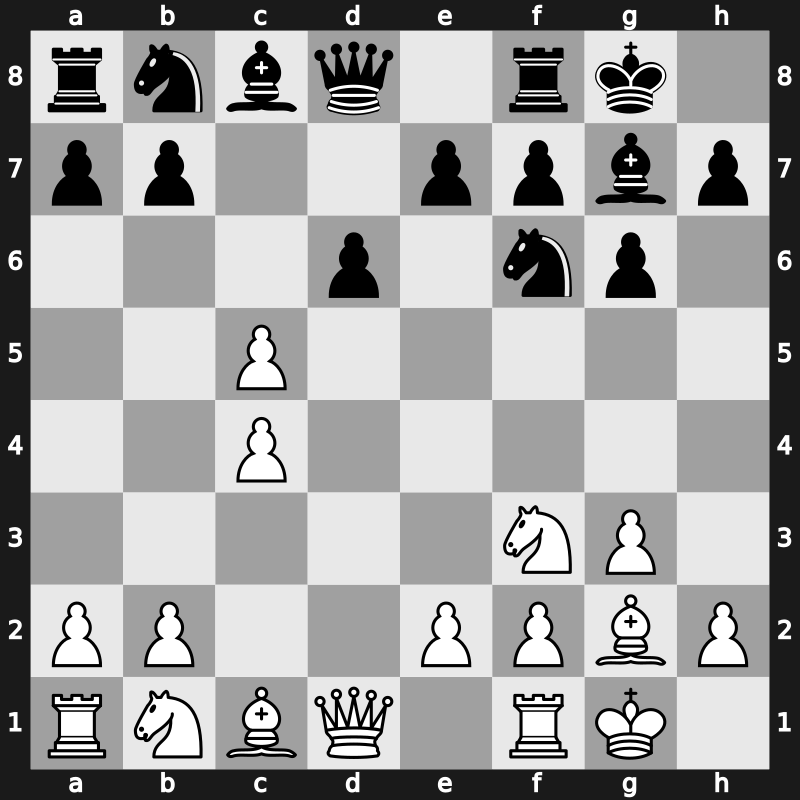 E60l - 3.Nf3 Bg7 4.g3 O-O 5.Bg2 d6 6.O-O c5 7.dxc5 - Fianchetto Yugoslav without [+0.28]