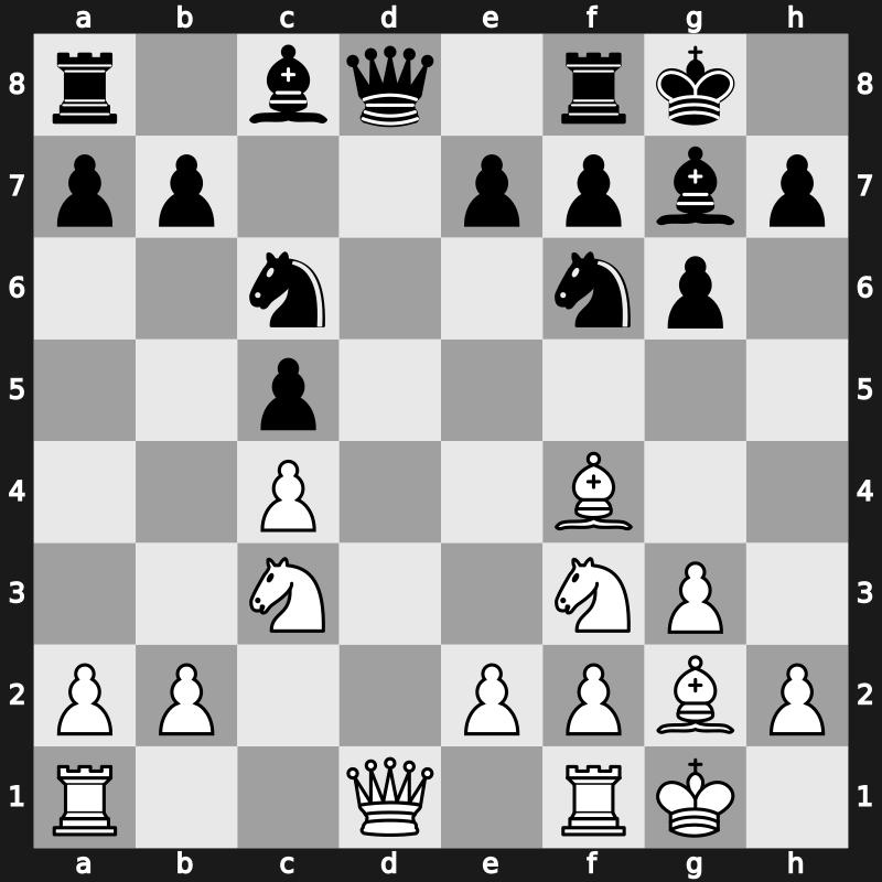 E65h - 7…Nc6 8.dxc5 dxc5 9.Bf4 - Fianchetto Yugoslav Exchange [+0.14]