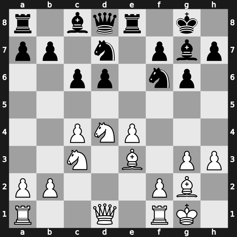 E69r - 9…Re8 10.Be3 exd4 11.Nxd4 - Fianchetto Classical [+0.69]