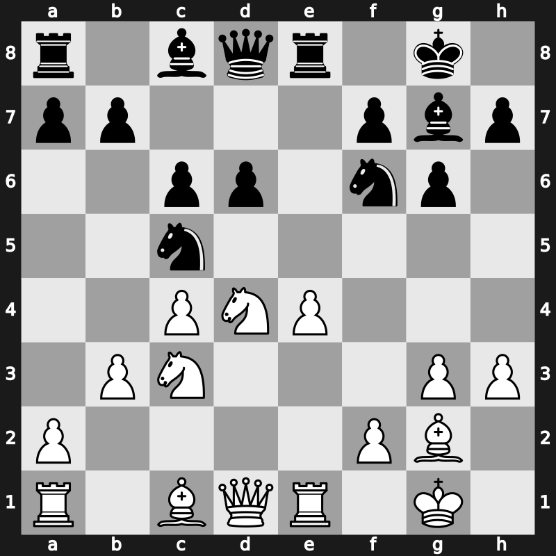 E69z - 9…Re8 10.Re1 exd4 11.Nxd4 Nc5 12.b3 - Fianchetto Classical [+0.52]