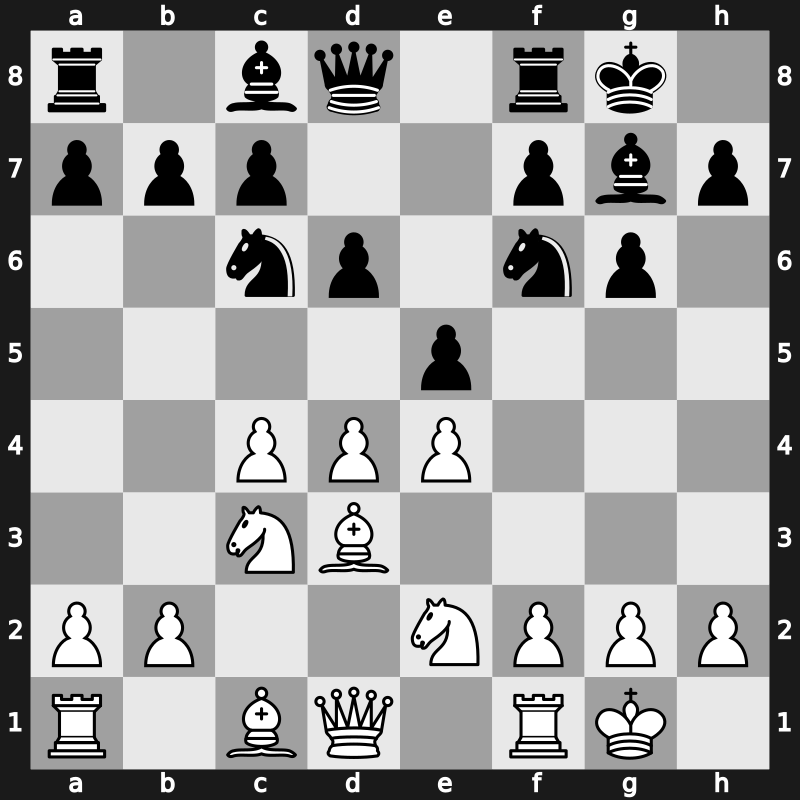 E70n - 4…d6 5.Bd3 O-O 6.Nge2 Nc6 7.O-O e5 [+0.28]