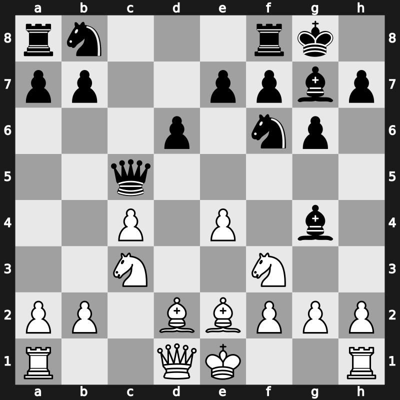 E74c - 7.dxc5 Qa5 8.Bd2 Qxc5 9.Nf3 Bg4 - Averbakh [+0.21]