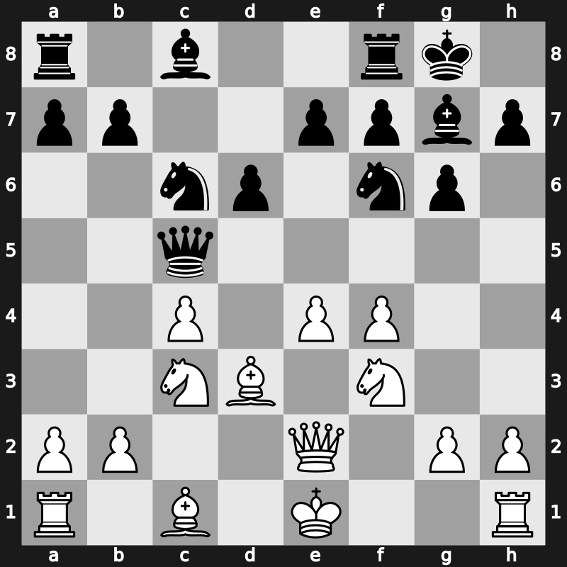 E76m - 5…O-O 6.Nf3 c5 7.dxc5 Qa5 8.Bd3 Qxc5 9.Qe2 Nc6 - Four Pawns Attack