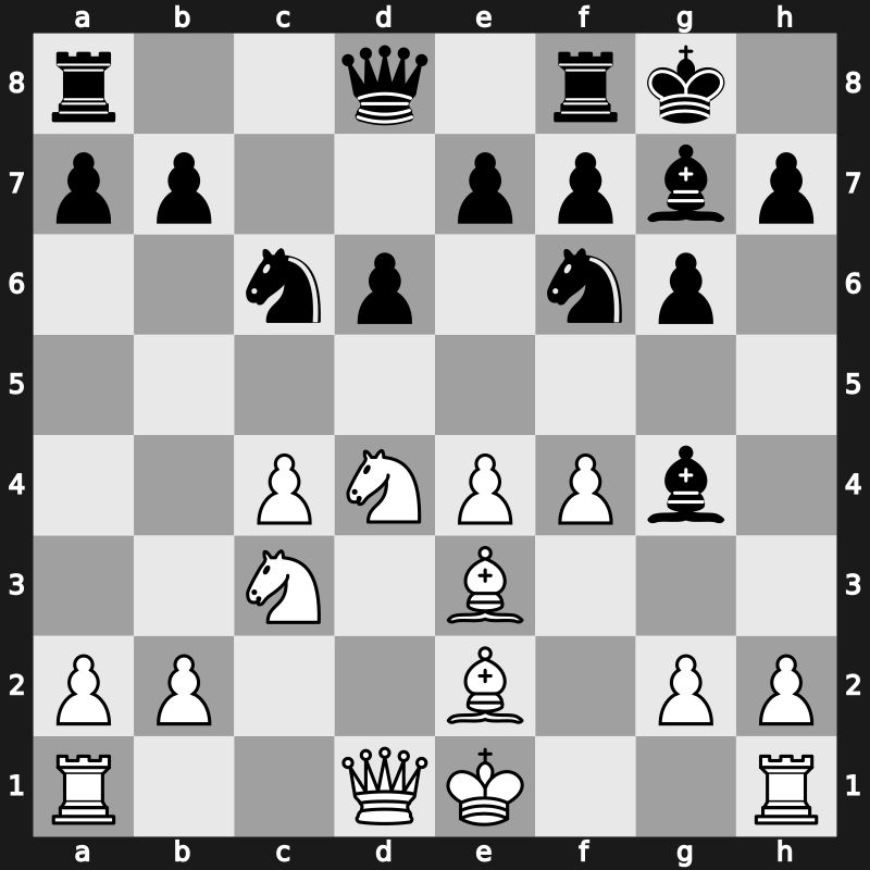 E79d - 9…Bg4 - Four Pawns Attack, Main Line (1958)