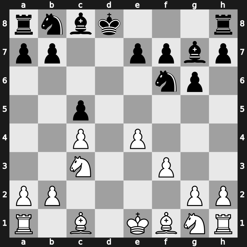 E80i - 5…c5 6.dxc5 dxc5 7.Qxd8+ Kxd8 - Saemisch Queenswap [+0.57]