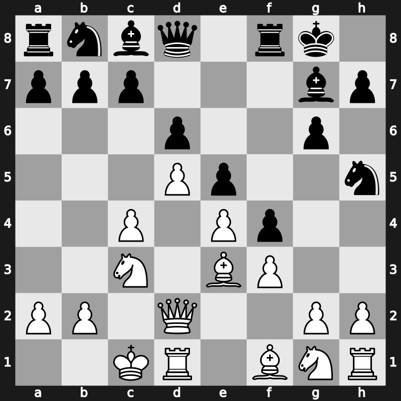 E87l - 7…Nh5 8.Qd2 f5 9.O-O-O f4 - Saemisch Orthodox [+1.20]