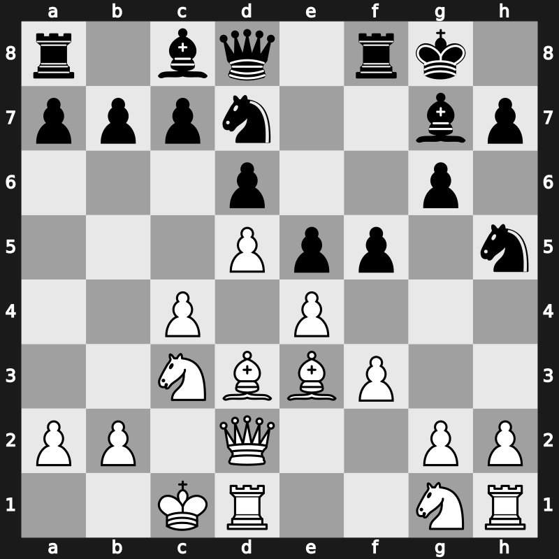 E87n - 7…Nh5 8.Qd2 f5 9.O-O-O Nd7 10.Bd3 - Saemisch Orthodox [+0.74]