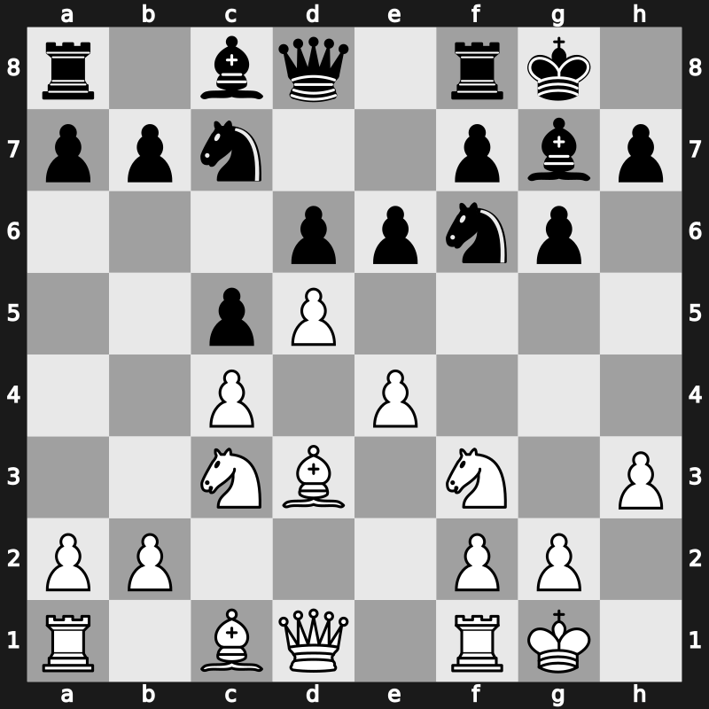 E90w - 5…O-O 6.h3 c5 7.d5 e6 8.Bd3 Na6 9.O-O Nc7 [+1.17]