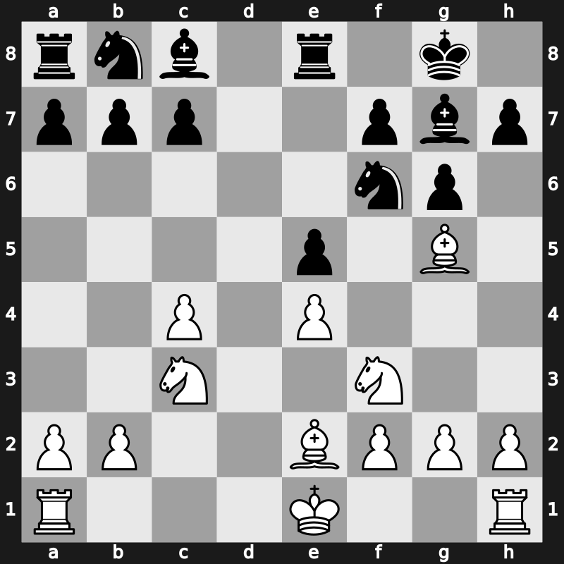 E92e - 7.dxe5 dxe5 8.Qxd8 Rxd8 9.Bg5 Re8 - Queenswap [-0.09]