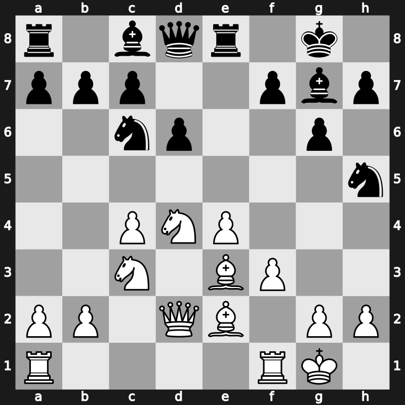E94e - 7…exd4 8.Nxd4 Re8 9.f3 Nc6 10.Be3 Nh5 11.Qd2 [+0.48]