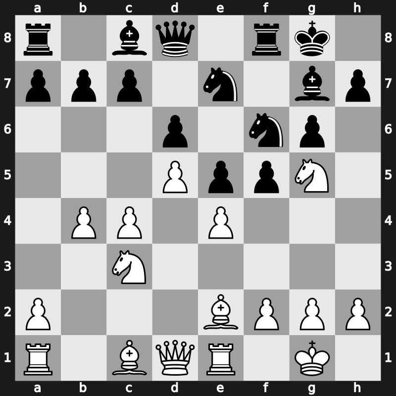E97s - 8.d5 Ne7 9.b4 Nh5 10.Re1 f5 11.Ng5 Nf6 - Mar del Plata Bayonet [+0.55]