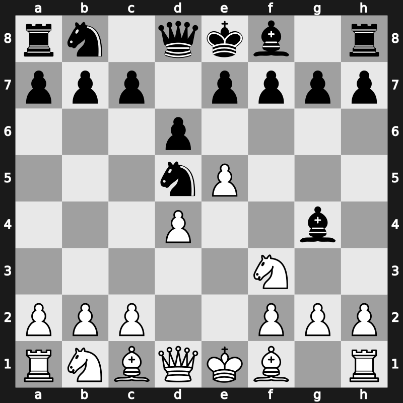 B05 - 1.e4 Nf6 2.e5 Nd5 3.d4 d6 4.Nf3 Bg4 - Alekhine [+0.76]