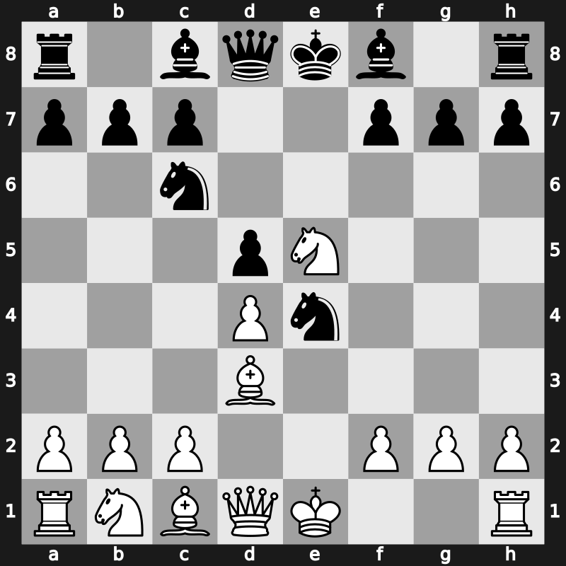 C43k - 3…Nxe4 4.Bd3 d5 5.Nxe5 Nc6 - Modern Attack [+0.55]