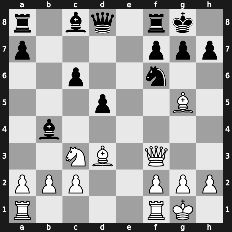 C47x - 4.d4 exd4 5.Nxd4 Bb4 6.Nxc6 bxc6 7.Bd3 d5 8.exd5 cxd5 9.O-O O-O 10.Bg5 c6 11.Qf3 - Scotch Main Line [-0.10]