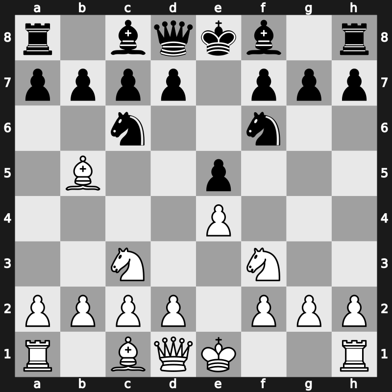 C48a - 4…a6 5.Bxc6 dxc6 6.Nxe5 Nxe4 7.Nxe4 Qd4 8.O-O Qxe5 9.Re1 Be6 10.d4 Qd5 - Spanish Spielmann Variation [+0.29]