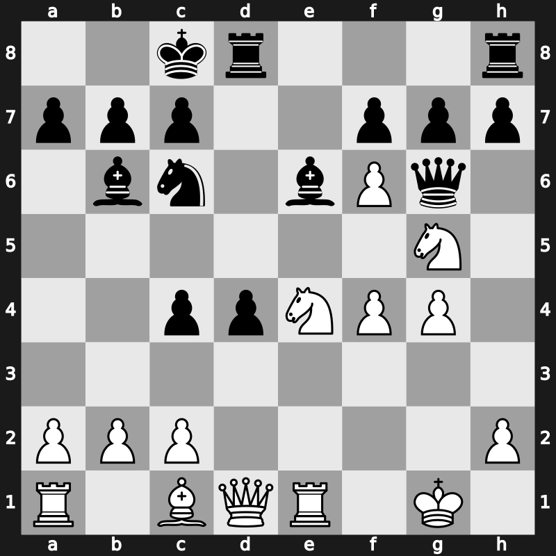 C55x - 4.d4 exd4 5.O-O Bc5 6.e5 d5 7.exf6 dxc4 8.Re1+ Be6 9.Ng5 Qd5 10.Nc3 Qf5 11.g4 Qg6 12.Nce4 Bb6 13.f4 O-O-O - Max Lange Berger Variation [+0.72]
