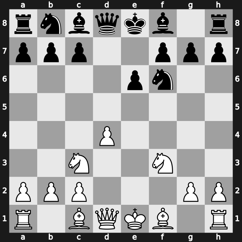 D00x - 2.Nc3 Nf6 3.e4 dxe4 4.f3 exf3 5.Nxf3 e6 - Blackmar-Diemer: Euwe Defence