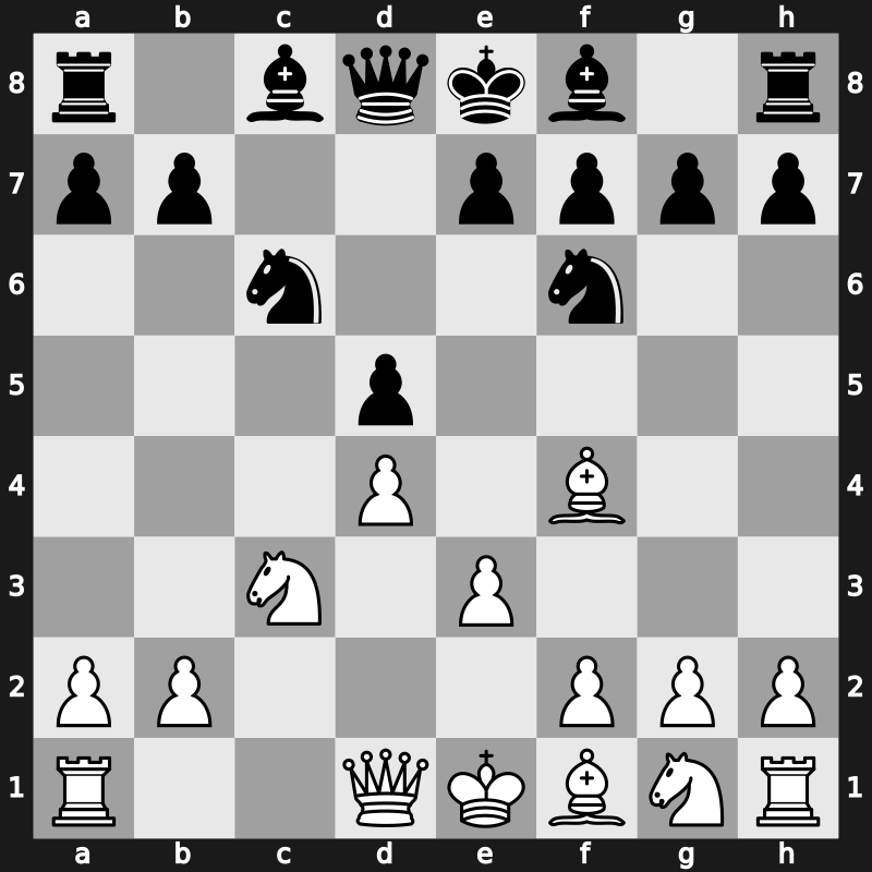 D10f - 3.cxd5 cxd5 4.Nc3 Nf6 5.Bf4 Nc6 6.e3 - Exchange [+0.26]