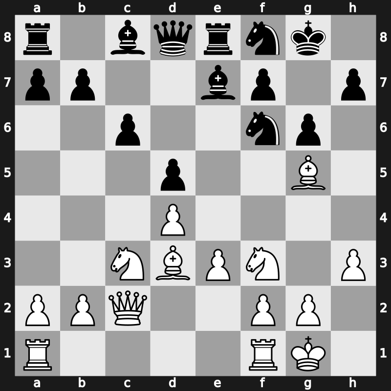 D36x - 6…Be7 7.e3 Nbd7 8.Bd3 O-O 9.Nf3 Re8 10.O-O Nf8 11.h3 g6 - Exchange Main Line [+0.46]