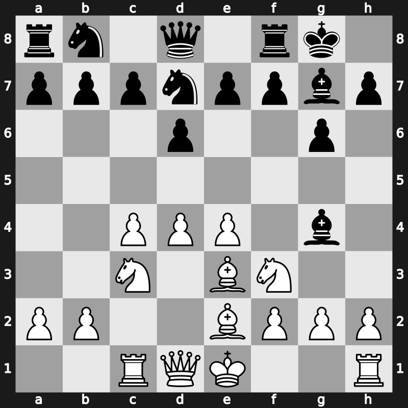 E91x - 6…Bg4 7.Be3 Nfd7 8.Rc1 [+0.49]