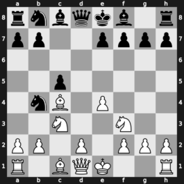 A34a - 2…Nf6 3.Nf3 d5 4.cxd5 Nxd5 5.e4 Nb4 6.Bc4 - Symmetrical 3 Knights [+0.22]