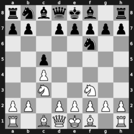 A34c - 2…Nf6 3.Nf3 d5 4.cxd5 Nxd5 5.e4 Nxc3 6.dxc3 Qxd1+ 7.Kxd1 - Symmetrical 3 Knights Queenswap
