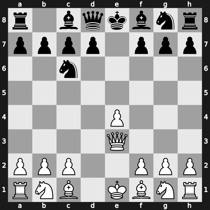 C22d - 3…Nc6 4.Qe3 - Paulsen Attack [-0.36]