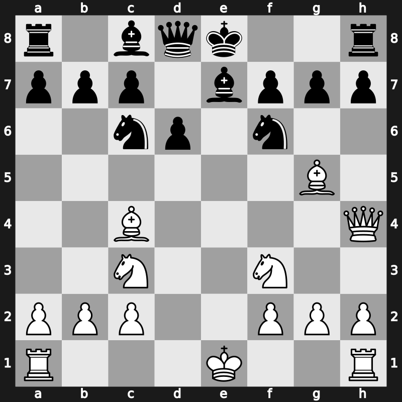 C24n - 3.d4 exd4 4.Nf3 Nxe4 5.Qxd4 Nf6 6.Bg5 Be7 7.Nc3 Nc6 8.Qh4 d6 - Urusov Gambit Keres Variation [+0.19]