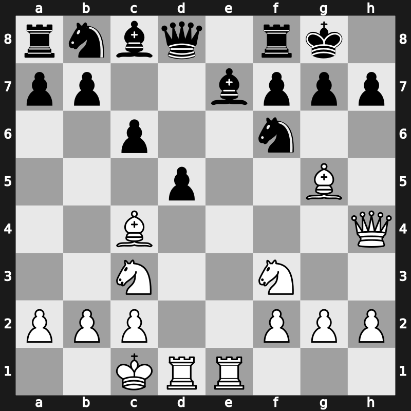 C24p - 3.d4 exd4 4.Nf3 Nxe4 5.Qxd4 Nf6 6.Bg5 Be7 7.Nc3 c6 8.O-O-O d5 9.Rhe1 O-O 10.Qh4 - Urusov Gambit Larsen Variation [-0.31]