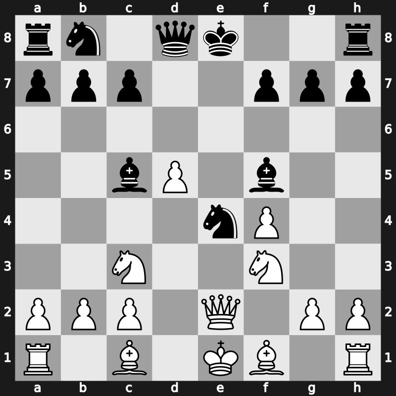 C32n - 5.dxe4 Nxe4 6.Nf3 Bc5 7.Qe2 Bf5 8.Nc3 - Falkbeer Main Line [+0.65]