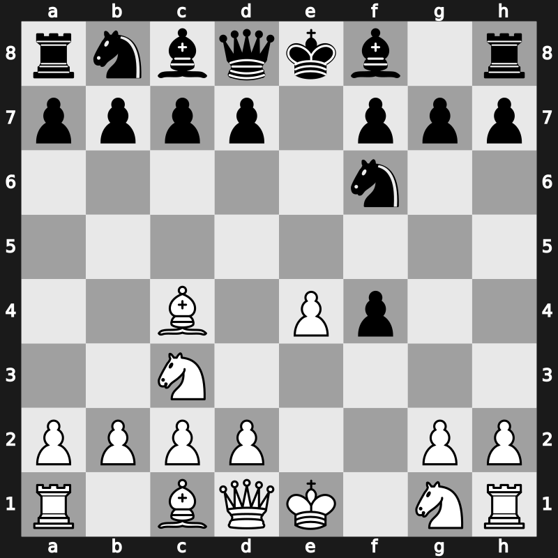 C33x - 3.Bc4 Nf6 4.Nc3 - KGA: Bishop’s Gambit Bogoljubow Variation