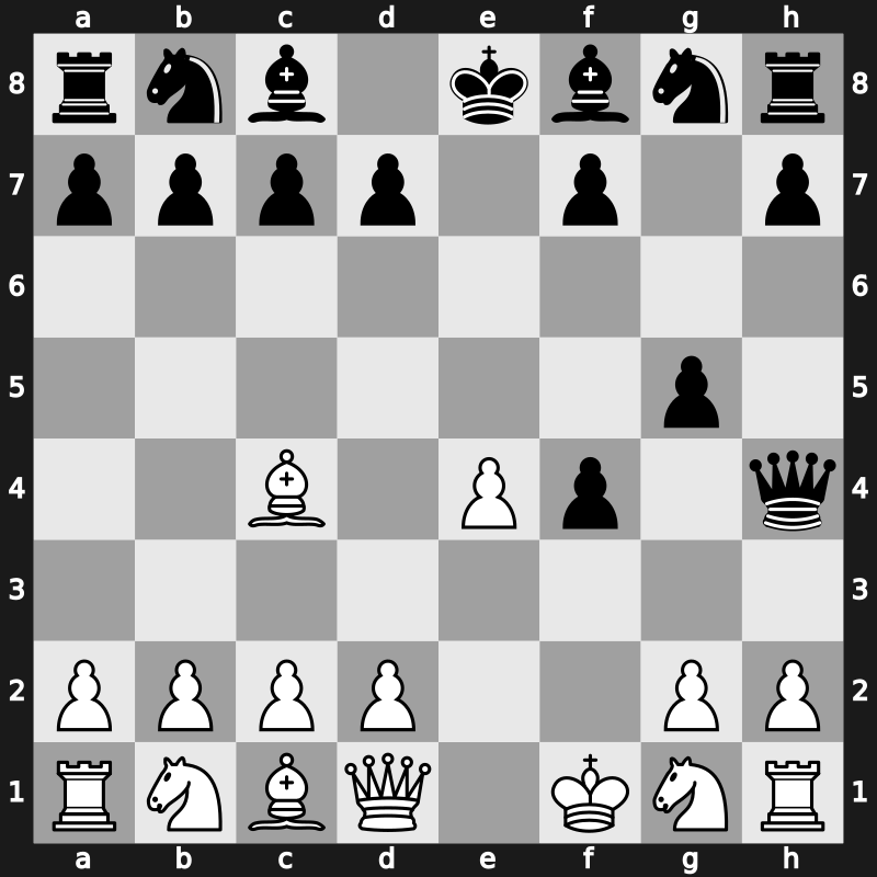 C33a - 3.Bc4 Qh4+ 4.Kf1 g5 - KGA: Bishop’s Gambit Classical Defence