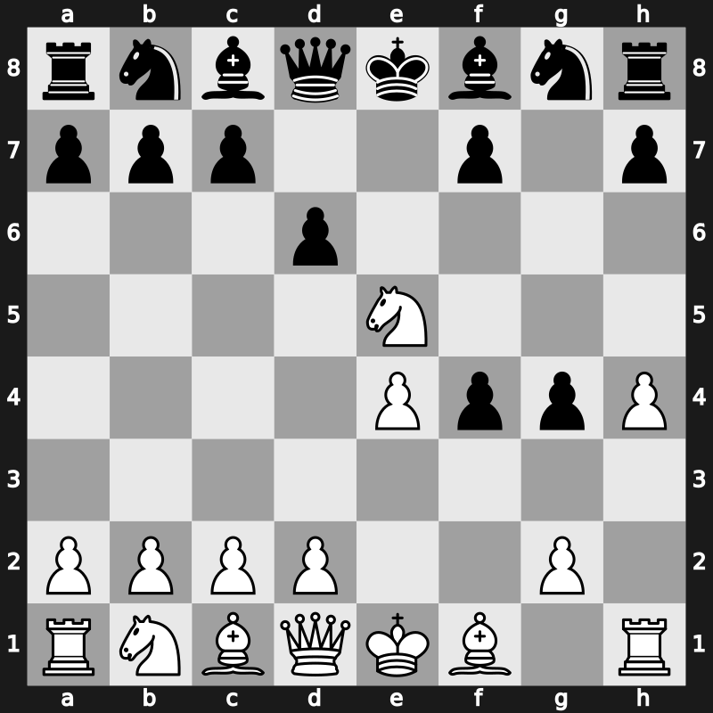 C39d - 4…g4 5.Ne5 d6 - Kieseritsky Green Variation [+0.01]