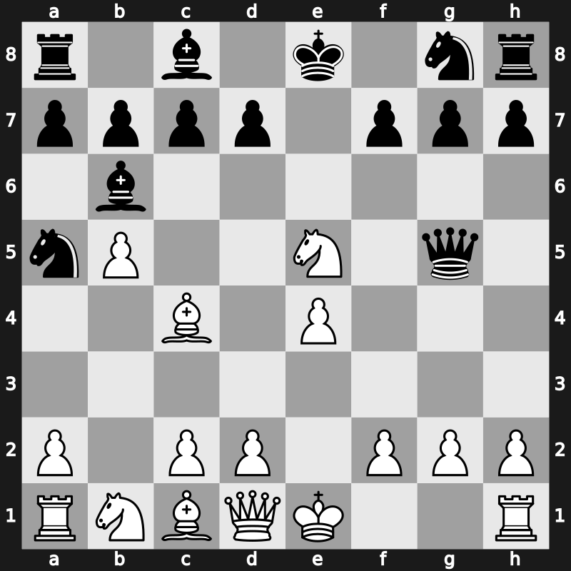 C51r - 4…Bb6 5.b5 Na5 6.Nxe5 Qg5 - Evans Gambit Declined Hirschbach Variation [+0.00]