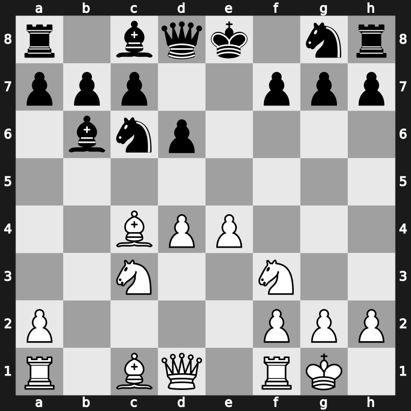 C51v - 4…Bxb4 5.c3 Bc5 6.d4 exd4 7.O-O d6 8.cxd4 Bb6 9.Nc3 - Morphy Attack [+0.28]