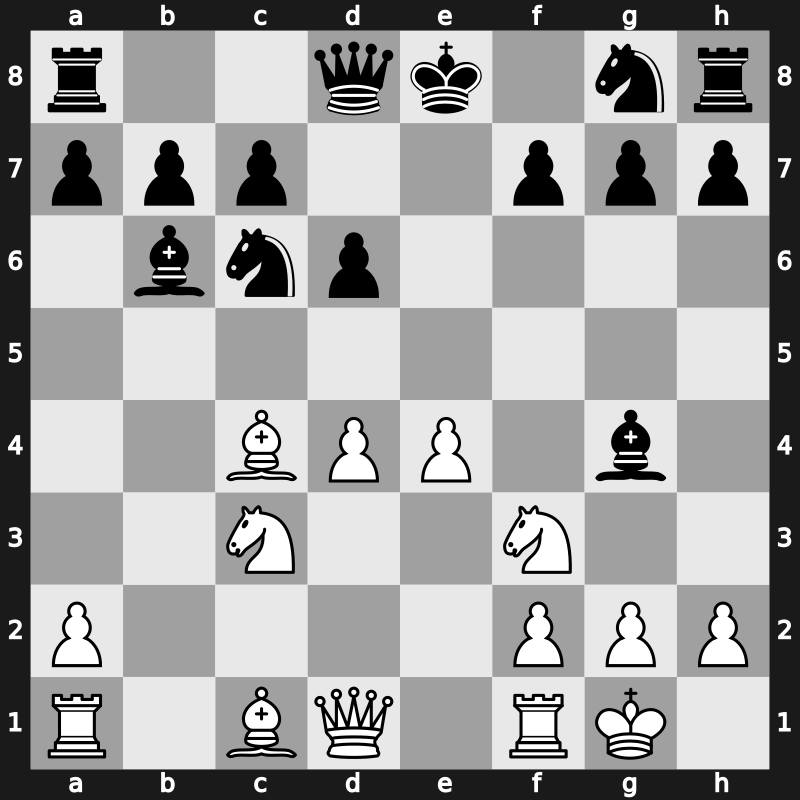 C51x - 4…Bxb4 5.c3 Bc5 6.d4 exd4 7.O-O d6 8.cxd4 Bb6 9.Nc3 Bg4 - Normal Variation [+0.44]