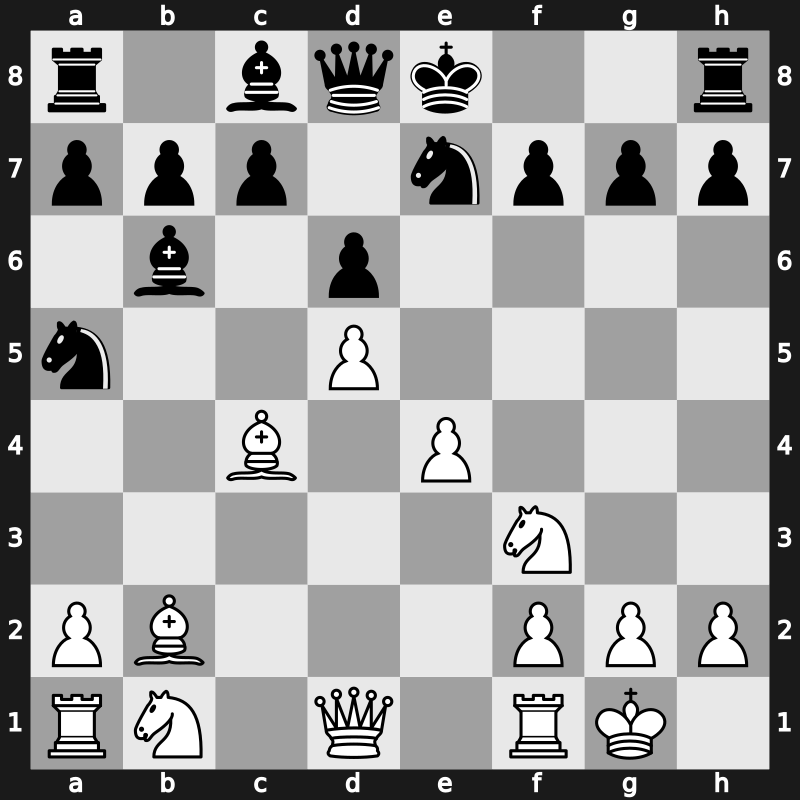 C51b - 4…Bxb4 5.c3 Bc5 6.d4 exd4 7.O-O d6 8.cxd4 Bb6 9.d5 Na5 10.Bb2 Ne7 - Paulsen Variation [+0.13]