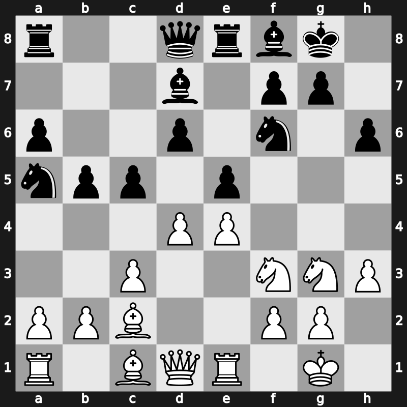 C93n - 10.d4 Re8 11.Nbd2 Bf8 12.Nf1 Bd7 13.Ng3 Na5 14.Bc2 c5 - Closed Smyslov [+0.53]